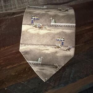Tommy Bahama Mens Tan Silk Tie Coastal Beach Chair Lighthouse Scene 4 1/2"W 58"L